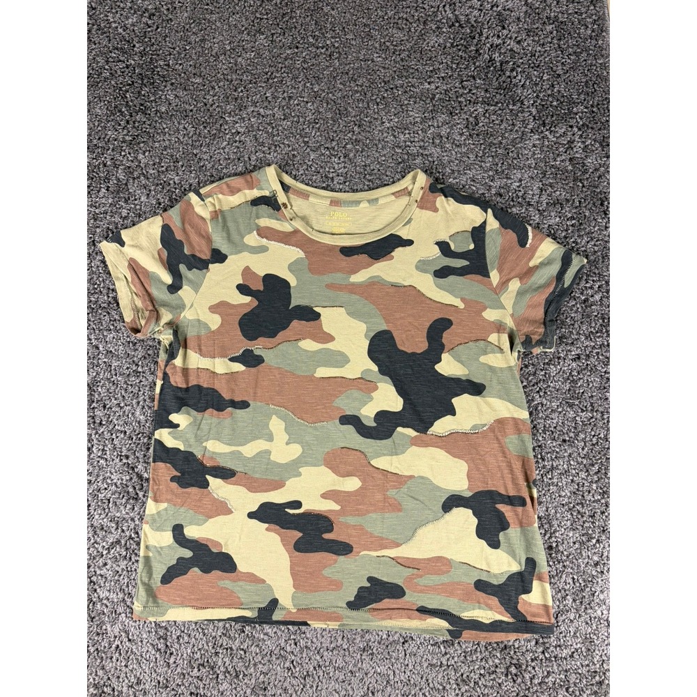 Polo Ralph Lauren Camo Beaded Embroidery T-Shirt Green Brown XL Womens